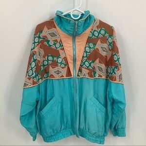 Vintage retro silk Aztec print zip front windbreaker track jacket L